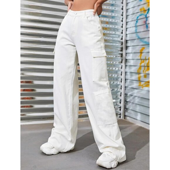 High Waisted Y2K Cargo Jeans - White Wide Leg Loose Fit Pants, Size Small - Picture 3 of 6